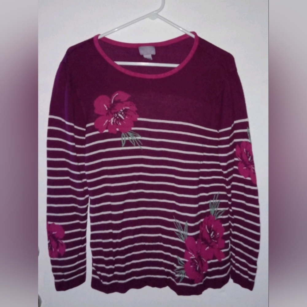 Laura Scott Maroon and White Floral Long Sleeve Top